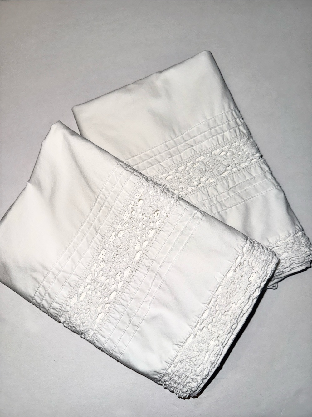 Vtg Ralph Lauren Home/Lake Floral King Pillow Cases Set Ivory Crochet Lace Hem